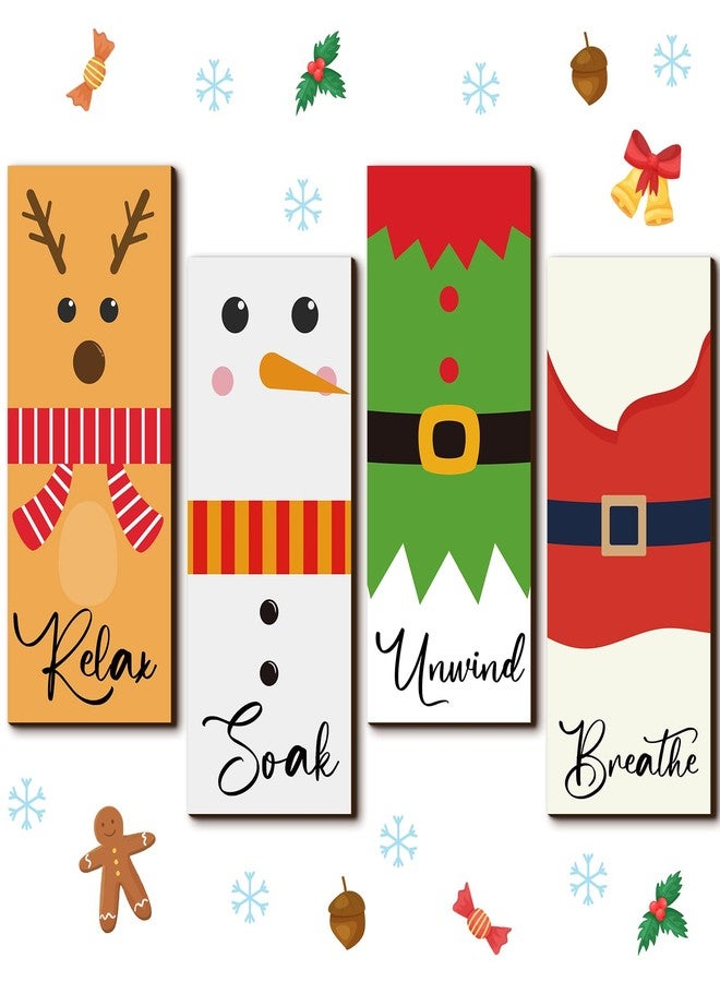 RattanView 4 Pcs Christmas Bathroom Wall Art Relax Soak Unwind Breathe Winter Wall Decor Santa Elk Farmhouse Hanging Signs Snowman Elf Wood Bath Decoration for Home, 10'' x 4'' - Image 1